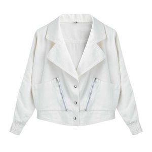 PERHAPS U Women White Solid Denim Short Jacket Turn Down Collar Button Single Breasted Pocket Zipper Notched C0050 210529