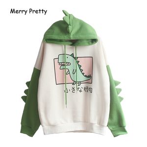 Mearrão bonito das mulheres dos dinossauro das mulheres com capuz com capuz de lã quente com capuz com chifres Harajuku meninas adolescentes hoodie verde 210809