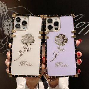 Phone Case Luxury Square Rose Flower Phone Diamond Inlay Designer Cover Case For Iphone 13 12 11 Pro Max 12 Mini 11 Pro Max XS MAX XR 7/8/SE2 7P/8P High Quality