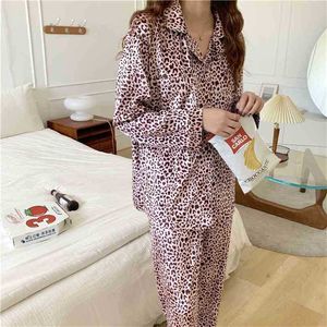 Dois peça terno Cardigans Leopardo Nightwear Doce Soft Casual Homewear Elegante Moda Loose Home Pijamas Sets 210525