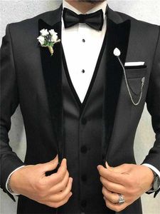 Moda Tepe Yaka Siyah Erkekler Takım Elbise Kostüm Homme Düğün Slim Fit Balo Terno Masculino Blazer Damat Giymek 3 Adet Ceket + Pantolon + Yelek X0909