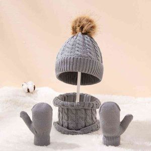 Cute Hat Scarf Set Beanie Cap Gloves 3pcs Children's Hats Girls Fake Ball Pompon Keep Warm Winter Knitted Skullies Kids Bone