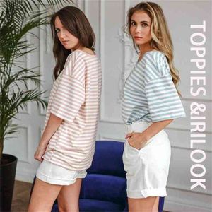 Toppies Casual Oversized Striped T-shirts Round Neck Vintage Basic Tops Tees Woman Short Sleeve Summer 210623