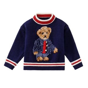 Kontrasttecknad Björntryck Skola Navy Tröja för Baby Girls Boys Winter Knitwear Kids Barnkläder Barnens ytterkläder 211104