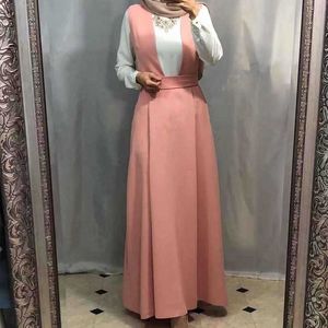 Middle East Bodycon Abaya Muslim for Women High Waist A-line Sashes Long Suspender Skirt Loose Maxi Summer Turkish Islamic 210527