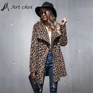 Grube Winter Women Casual Elegancki Faux Fur Leopard Jacket Ciepłe Kartuar Kobiet Pluszowe Płaszcze Bluza Odzież Odzieży Płaszcz 211018