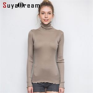 Suyadream Kvinnor Solid Turtleneck Pullovers 80% Silk 20% Bomull Slim Fit Rib Sweaters Höst Vinterbotten Sticka Slitage 210914