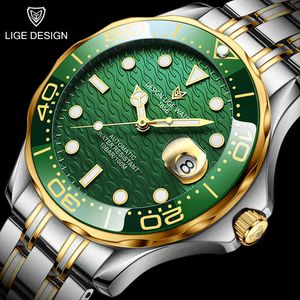 LIGE TOP Märke Luxury Mechanical Wristwatch Automatic Tourbillon Watch 316L Rostfritt Stål 100m Vattentäta Lysande Klockor Män Q0524