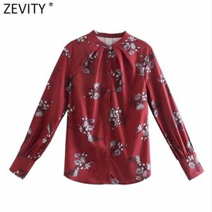 Mulheres de Zevidade Moda Plisss O Pescoço Flor Impressão Casual Camisa Escritório Lady Business Blouse Roupas Chic Femininas Tops LS7607 210603