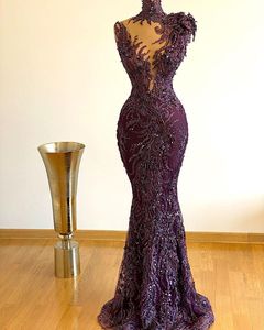 Длинные фиолетовые русалки выпускные платья высокого шеи кружева примиренные бисером кристалл роскошные африканские женщины формальные вечерние платья