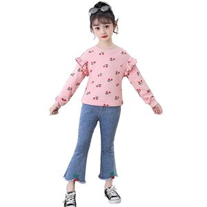 Teen Girls Clothing Cherry Sweatshirt + Jeans Suit For Ruffles Girl Set Spring Autumn Costumes Children 210528
