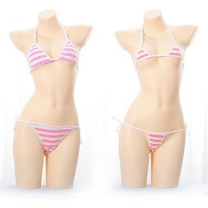 Japon Sexy Lingerie Lolita Kawaii Mavi Pembe Beyaz Çizgili Mini Bikini Yetişkin Cosplay Erotik Kostümleri Sutyen Kadın İç Çamaşırı Seti Y0129