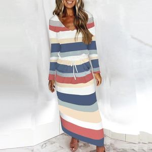 Skirts JAYCOSIN Women Casual Maxi Dress Stripe Print V-Neck Long Sleeve Loose Pocket Elegant Bodycon Vestidos De Mujer