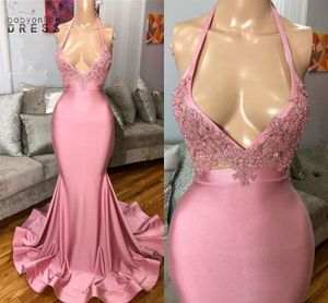 Pink Mermaid Prom Dresses Sexy Halter Neck Backless Appliques Sequined Top Ruffles Long Train Evening Gowns Women Occasion Vestidos BO7409
