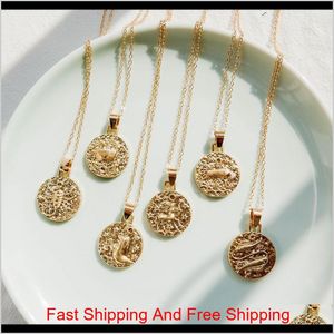 Gold Chain Hammered Metal Emboss 12 Zodiac Horoscope Astrology Pendant Necklace Retro Fashion Neck Jewelry Minimalist Round Charm Ufv8 Ipr5J