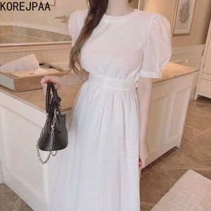 Korejpaa Women Dress Summer Korean Chic Sweet Age-Reducing Round Neck Lace-Up Cutout Open Back Waist Puff Sleeve Vestidos 210526