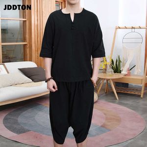 JDDTON New Summer Men Loose Cotton Linen Set in due pezzi Abbigliamento Stile Abiti Capispalla Moda Casual Allentato Uomo Retro Suit JE112 X0610