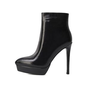 Zimowe Krótkie Buty Kobiety Projektant Okrągłe Toe Block Hight Heel Miękkie Naturalne Prawdziwej Skóry Party Wedding Moda Luksusowa Platforma YN48-B801-1