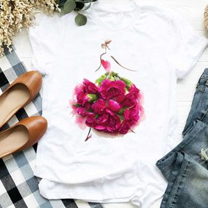 Kadın Lady Çiçek Zarif Ofis Sevimli 90 S Estetik Baskı Bayanlar T Tee Bayan Gömlek Giysi Tişört Kadın Üst Grafik T-shirt X0628