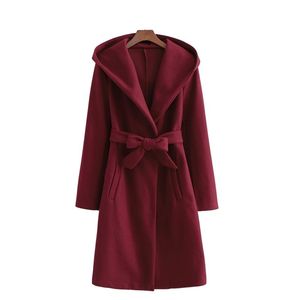 Kvinnorsullblandningar LXCX Casual Woman Bourgogne Oversized Warm Hooded Woolen Coats 2021 Vinter Mjuka Sashes Jackor Kvinna Lös jul o