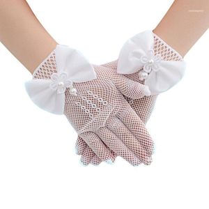 Handschuhe Mädchen Schöne Mesh Prinzessin Spitze Kurzes Kleid Schleife-knoten Etikette Handgelenk Länge Weiß, 1 Paar1