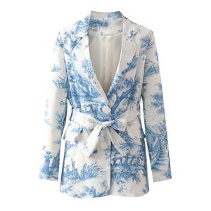 エレガントな女性の青と白の印刷ブレザーファッションレディース中国風のスーツカジュアルな女性サッシシックな女の子210527