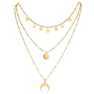 3 Catene Layer Catene in acciaio inox Star Choker per ragazze donna Multilayer Horn Round Disc Moon Tassel Collane a sospensione G220310