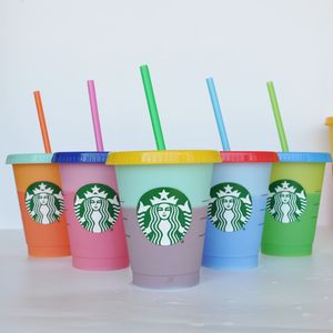 16 унций Изменение цвета Tumblers пластиковых питьевых соков Кубок с губной и соломой Magic Coffee Coke Cokom Starbucks Color Life Plastic Cups