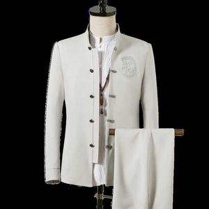 Men Suit Sets Chinese Tunic Suits Stand Collar Classic Men's Casual Blazer Brand Design Business Formal Male Cotton Suit Set 4XL X0909
