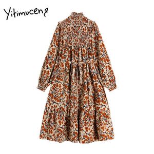 Yitimuceng Cotton and Linen Woman Dress with Belt Vintage Floral Lantern Long Sleeve Elegant Long Dresses for Women Spring 210601