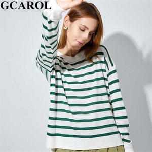 GCAROL Frauen Farbe Gespleißt Streifen Pullover Tropfen Schulter Lose Elegante Strick Pullover Weiche Stretch Frühling Herbst Winter Jumper 211018