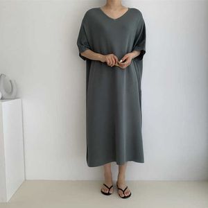 Spring Summer Women Dress 100% Pure Merino Wool Knitting Jumpers Long-Style Loose V-Neck Half-Sleeve Dresses Female Clothes 210527