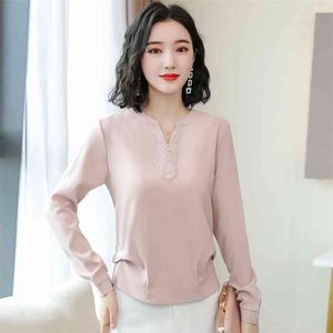 Koreański Szyfonowe Kobiety Bluzki Office Lady Satin Długi Rękaw Koszula V Neck Solid Topy Plus Rozmiar 210531