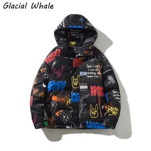 GlacialWhale para baixo jaqueta homens inverno graffiti jaqueta com capuz casaco à prova de vento rupilda streetwear hip hop preto jaqueta preta para homens 211124