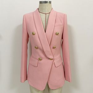 Ny Ankomst Premium Hot Style Top Quality Women's Double-Breasted Blazer Metal Buckles Slim Jacket Retro Shawl Collar Outwear Pink 1986