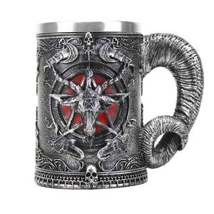 Baphomet Pentagram Horn Mug resin hand painted & polished Retro Mug stainless steel liner Cool Cup Gothic Kitchen Bar Drinkware 210804