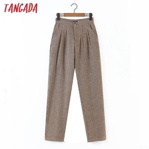 Tangada winter fashion women plaid pattern wool suit pants trousers pockets buttons casual pants pantalon DZ03 211216