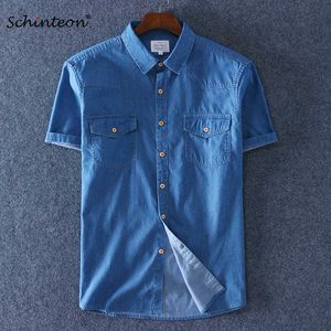 Schinteon Summer 100% Bomull Män Kortärmad Denim Tunna Skjorta Mjuka Slim Jeans Plus Storlek Två Front Ficka 210721