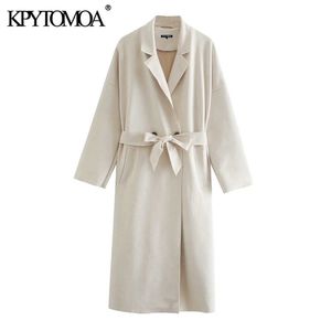 Kpytomoa Kobiety Moda z pasem Faux Suede Trench Coat Vintage Z Długim Rękawem Pockets Side Kieszenie Kobiet Odzież Odzieży Chic Płaszcz 211012