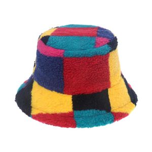 Cordeiro Faux Fur Bucket Hat Fluffy Inverno Quente Engradear Bob Panamá Ao Ar Livre Rainbow Patchwork xadrez Verificar Pescador Caps Homens