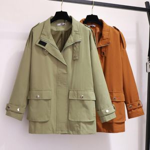 Damskie Trench Coats XXL ~ 5XL Safari Styl Duża Kieszonkowa Bawełna Rozmiar Kobiet Jesień Zima Stałe Kolor Wiatrówka Zipper Płaszcz Topy B666