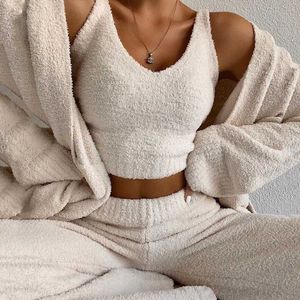 Plysch fluffig ärmlös Crop Top + Vida ben Byxor Damer Tvådelade träningsoveraller Outfits Matchande set Casual Sweatshirts Y0625