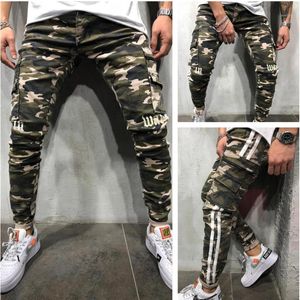 Jeans masculinos homens skinny stretch lápis calças denim camuflagem plissada fita fita jean calças lateral tarre carga macho roupas