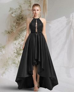 Czarny Wysoki Niski Wytnij Formalne Suknie Wieczorowe 2022 Neck Halter Neck Backless Lace Satin Prom Birthday Gown Robe Soiree Vestidos