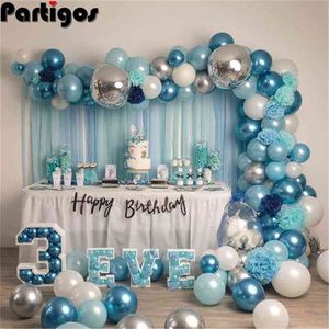 85pcs azul branco prata metal balão arco arco balão casamento evento festa de bebê bebê festa de aniversário decoração adulto 210719