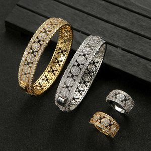 Luxury Trendy Flower Saudi Arabia Bangle Ring Set Jewelry Sets For Women Wedding Engagement brincos para as mulheres fv00436 H1022