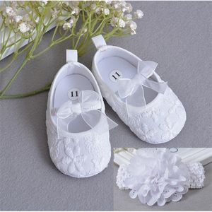 Soft Sole Flower Newborn Baby Girl Christening Shoes Headband Set 2021 Lovely Chaussure Fille Infantil Menina First Walkers 210317