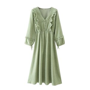 Women Vintage Polka Dot Dress with Ruffled Trims V-neck Wrist Sleeves Buttoned Midi Boho Dresses Woman Robe 210709