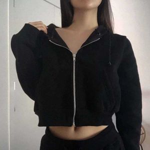 Y2k Clothes Zip Hoodie Cotton Women Cropped Long Sleeve Black Top Vintage Pullover Drop Shoulder Zip Up Drawstring Crop Hoodies Y0820