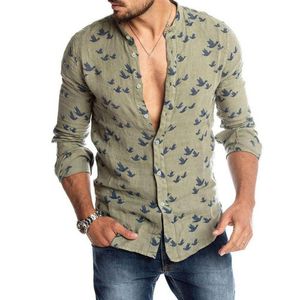 Erkek Casual Gömlek 80% İlkbahar Sonbahar Erkekler Güvercin Baskı Düğmeleri Uzun Kollu Gömlek Keten Slim Üst